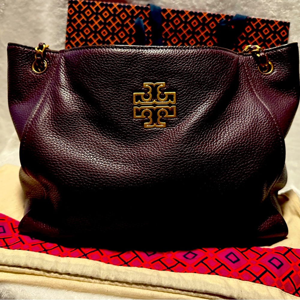Tori Burch Dark Purple Pebbled Genuine Leather Britten Slouchy Tote